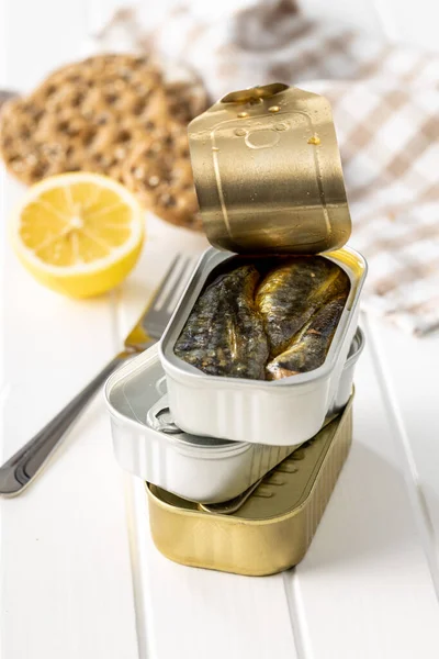 Canned Sardines Sea Fish Tin Can White Wooden Table — Stock Photo, Image