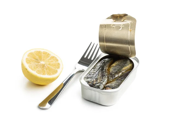 Canned Sardines Sea Fish Tin Can Isolated White Background — Stock Photo, Image