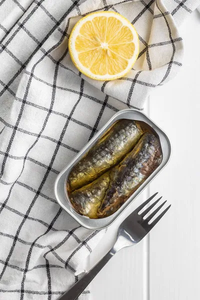 Canned Sardines Sea Fish Tin Can White Wooden Table Top — Stock Photo, Image