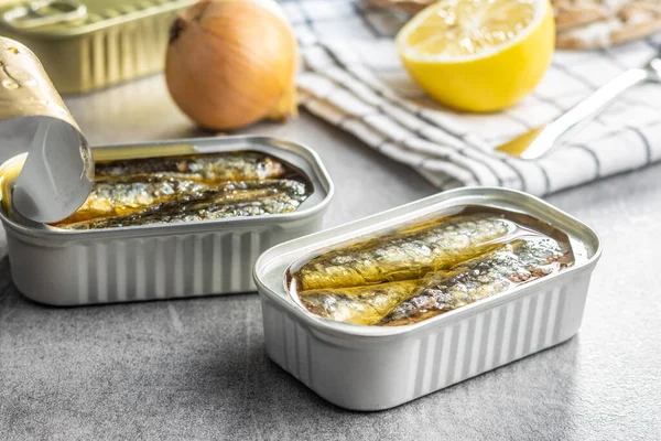 Canned Sardines Sea Fish Tin Can Kitchen Table — Stock Photo, Image