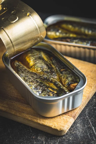 Canned Sardines Sea Fish Tin Can Black Table — Stock Photo, Image