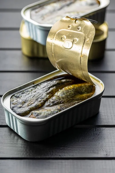 Canned Sardines Sea Fish Tin Can Black Table — Stock Photo, Image