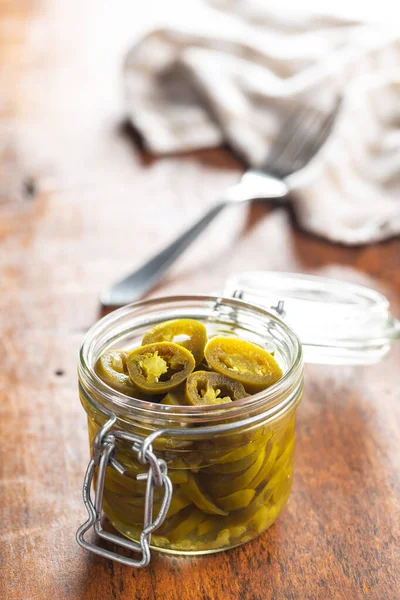 Pickled Sliced Jalapeno Green Jalapeno Peppers Jar Wooden Table — Stock Photo, Image