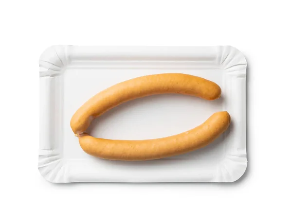 Smoked Frankfurter Sausages Paper Plate Isolated White Background — Stock Photo, Image