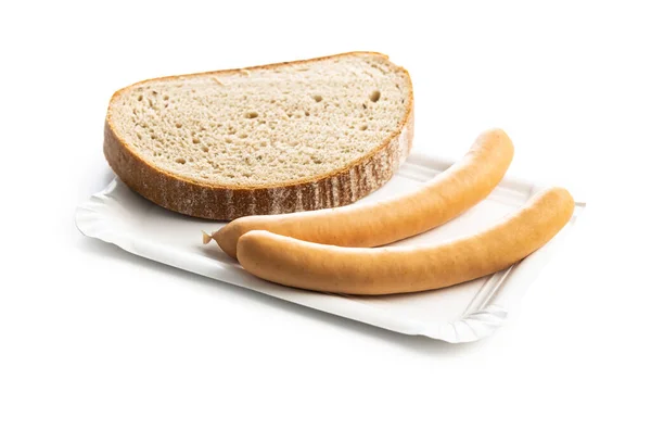 Smoked Frankfurter Sausages Bread Paper Plate Isolated White Background — Stock Photo, Image