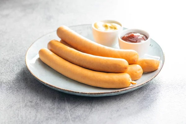 Smoked Frankfurter Sausages Plate Kitchen Table — Stock Photo, Image