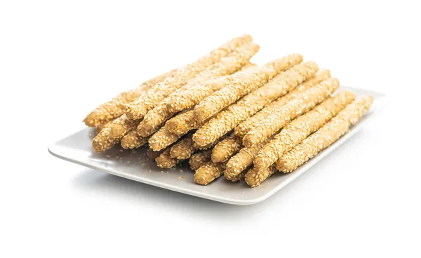 Paluszki Chlebowe Grissini Paluszki Chlebowe Nasionami Sezamu Izolowanymi Białym Tle — Zdjęcie stockowe