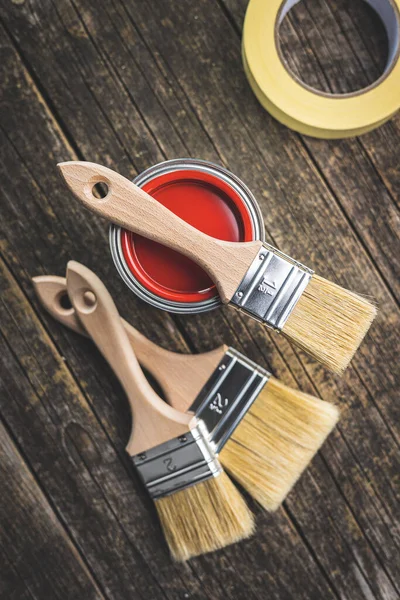 Clean Paint Brushes Can Color Wooden Table — Stock Photo, Image