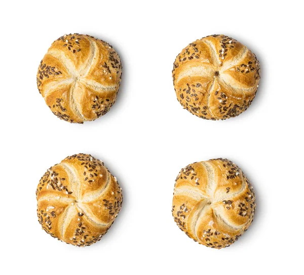 Vier Gebakken Franse Broodjes Met Zaden Geïsoleerd Witte Achtergrond — Stockfoto