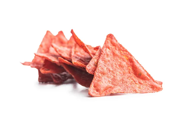 Salted Tortilla Chips Triangle Red Beet Flavor Isolated White Background — Stock Photo, Image