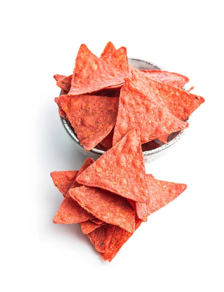 Tortilla Salato Chip Triangolo Con Sapore Barbabietola Rossa Isolato Sfondo — Foto Stock