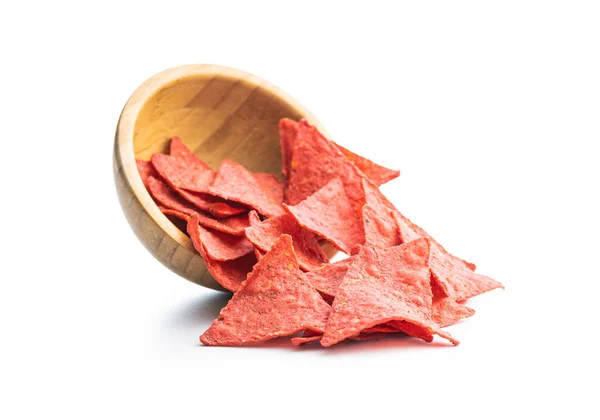 Triângulo Tortilhas Salgadas Com Sabor Beterraba Vermelha Isolada Sobre Fundo — Fotografia de Stock