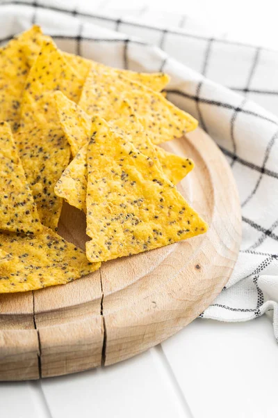 Salted Tortilla Chips Triangle Chia Seeds Cutting Board — Stock Photo, Image