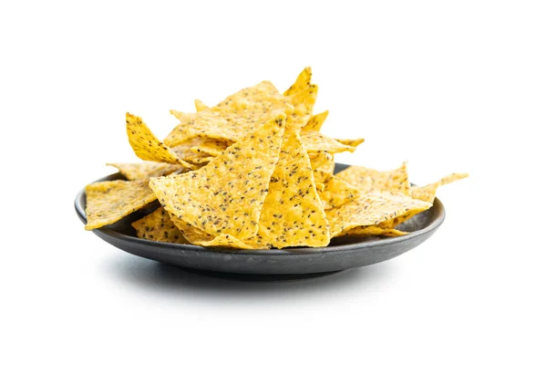 Saltade Tortilla Chips Triangel Med Chiafrön Isolerade Vit Bakgrund — Stockfoto