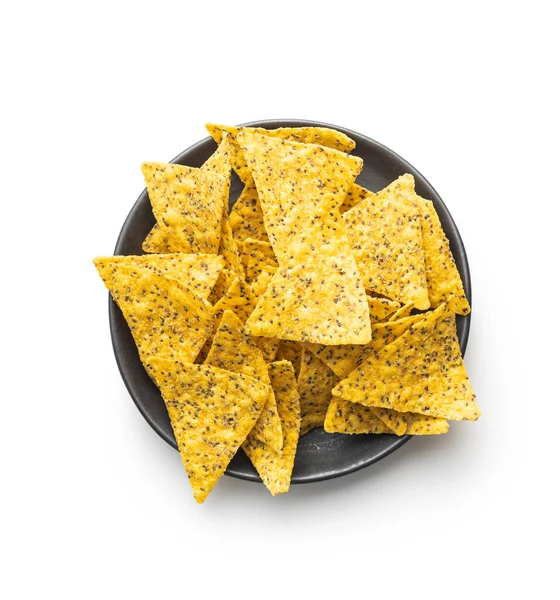 Gezouten Tortilla Chips Driehoek Met Chia Zaden Geïsoleerd Witte Achtergrond — Stockfoto