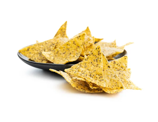 Triángulo Chips Tortilla Salada Con Semillas Chía Aisladas Sobre Fondo — Foto de Stock