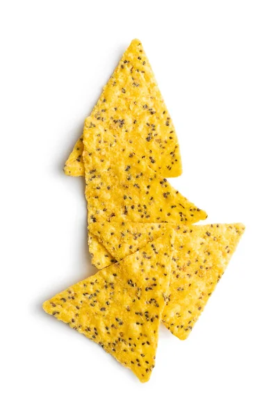 Triángulo Chips Tortilla Salada Con Semillas Chía Aisladas Sobre Fondo —  Fotos de Stock