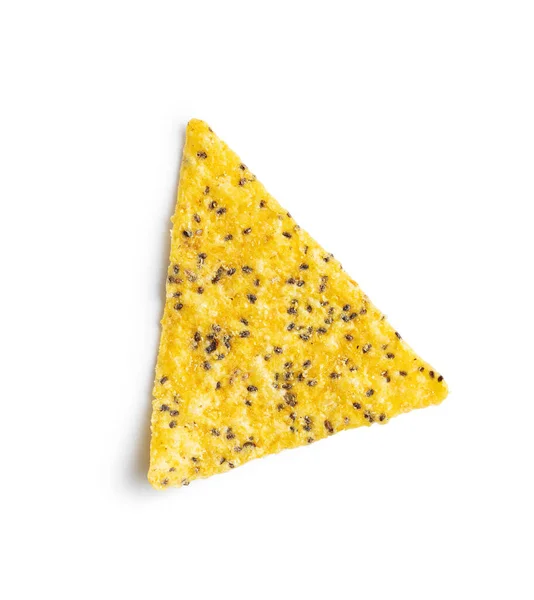 盐渍玉米片三角形 带有从白色背景分离出来的奇亚种子 — 图库照片