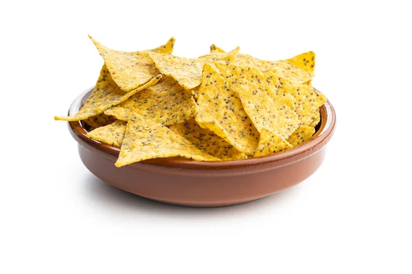 Triángulo Chips Tortilla Salada Con Semillas Chía Aisladas Sobre Fondo — Foto de Stock