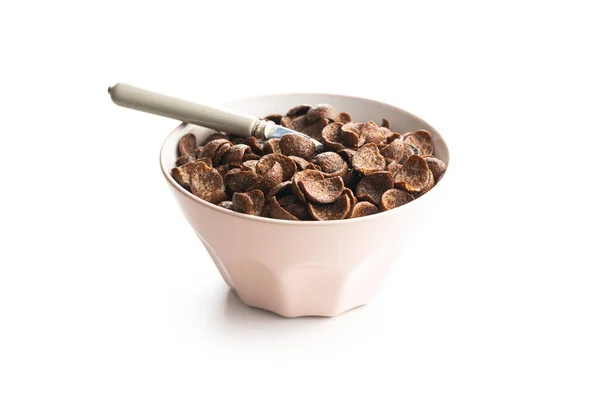 Sweet Chocolate Breakfast Cereal Flakes Bowl Isolated White Background — Stock Photo, Image