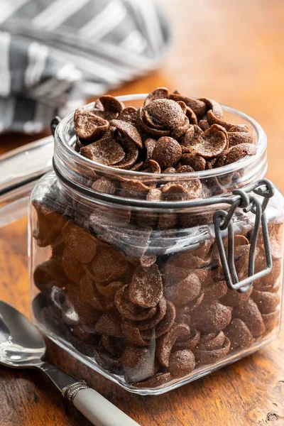 Dolce Cioccolato Colazione Fiocchi Cereali Vaso Sul Tavolo Legno — Foto Stock