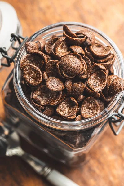 Dulce Chocolate Desayuno Cereales Copos Tarro Mesa Madera — Foto de Stock