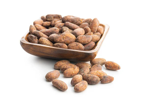 Gedroogde Cacaobonen Houten Kom Geïsoleerd Witte Achtergrond — Stockfoto