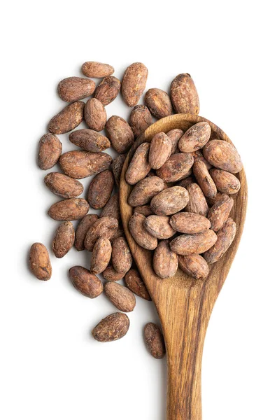 Frijoles Cacao Secos Cuchara Madera Aislados Sobre Fondo Blanco — Foto de Stock