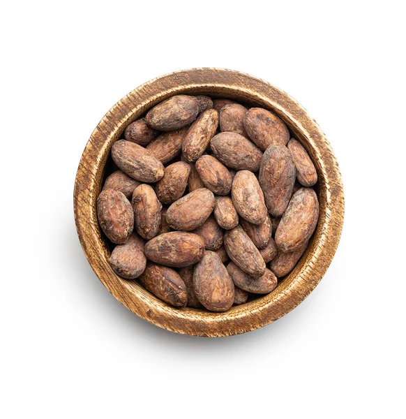 Fèves Cacao Séchées Dans Bol Bois Isolé Sur Fond Blanc — Photo