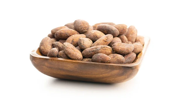 Gedroogde Cacaobonen Houten Kom Geïsoleerd Witte Achtergrond — Stockfoto