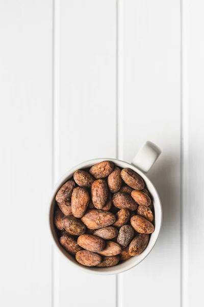 Dried Cocoa Beans Cacao Beans Cup White Table — Stock Photo, Image