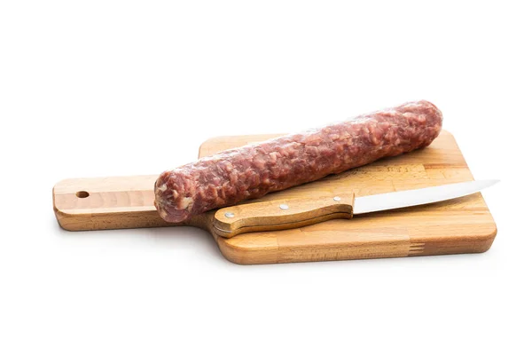 Smoked Sausage Cutting Board Isolated White Background — Stock Photo, Image