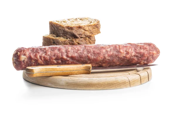 Smoked Sausage Cutting Board Isolated White Background — Stock Photo, Image
