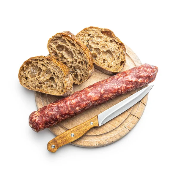 Smoked Sausage Cutting Board Isolated White Background — Stock fotografie