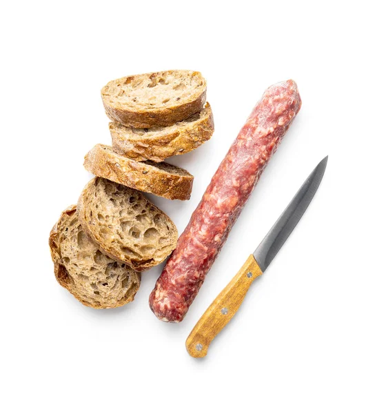 Smoked Pork Sausages Bread Isolated White Background — Stock Photo, Image