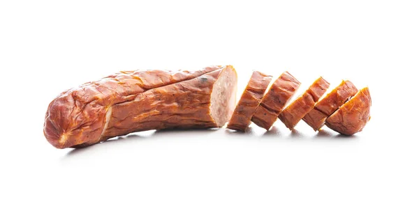 Smoked Pork Sausages Sliced Salami Isolated White Background — 图库照片