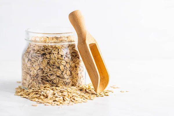 Breakfast Cereals Uncooked Oatmeal Raw Oat Flakes Jar — Stock Photo, Image