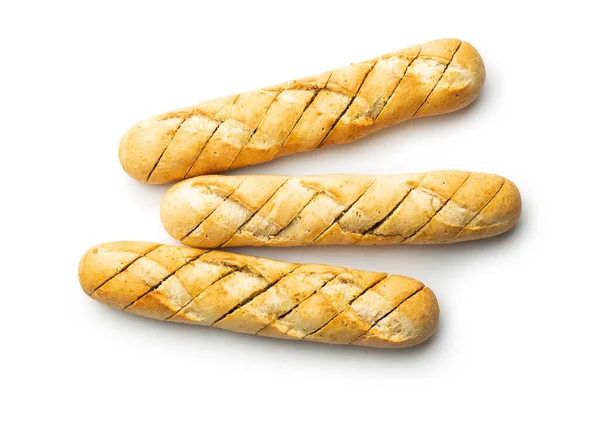ガーリックバターとバゲットをロースト 白い背景に隔離されたカリカリのスライスしたニンニクパン — ストック写真