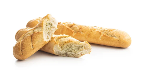 Pieczona Bagietka Masłem Czosnkowym Chrupiący Krojony Chleb Czosnkowy Izolowany Białym — Zdjęcie stockowe