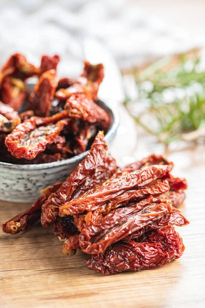 Sun Dried Tomatoes Wooden Table — Stock Photo, Image