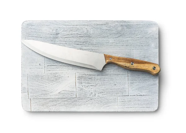 Rustic Chopping Board Kitchen Knife Old White Cutting Board Isolated — Stock Photo, Image