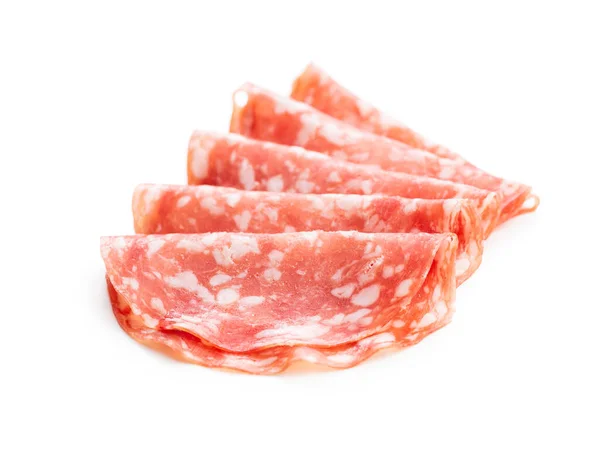 Salami Tranché Saucisse Porc Hachée Isolée Sur Fond Blanc — Photo