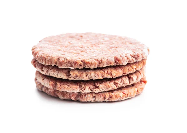 Bevroren Hamburger Vlees Rauwe Rundvlees Pasteitjes Geïsoleerd Een Witte Achtergrond — Stockfoto