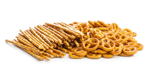 Mini Pretzels Palitos Salgados Lanche Salgado Crusty Isolado Fundo Branco — Fotografia de Stock