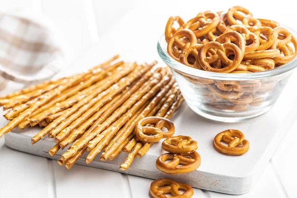 Mini Pretzels Salted Sticks Crusty Salted Snack Cutting Board — Stock Photo, Image