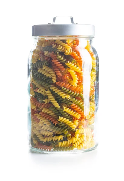 Three Colors Fusilli Pasta Jar Colorful Italian Raw Pasta Isolated — Stock Photo, Image