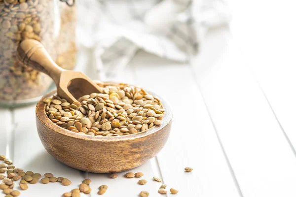 Uncooked Brown Lentils Raw Legume Bowl White Table — Stock Photo, Image