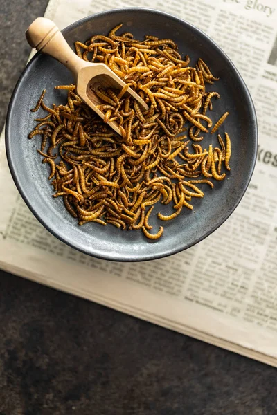 Fried Salty Worms Roasted Mealworms Plate Top View — Stock Photo, Image