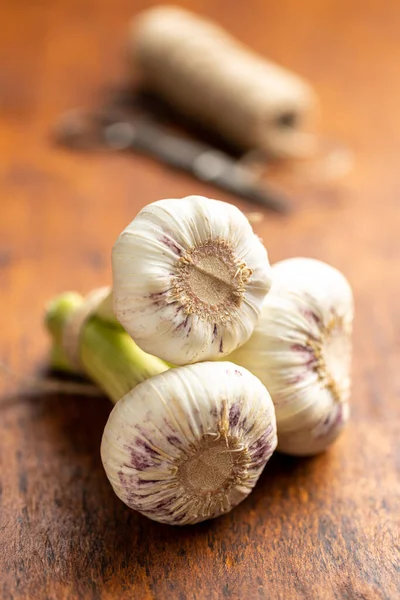 Ganze Knoblauchknolle Frischer Weißer Knoblauch Auf Einem Holztisch — Stockfoto