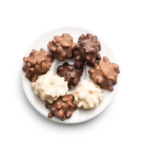 Chocolate Truffles Sweer Pralines Plate Isolated White Background — Stock Photo, Image